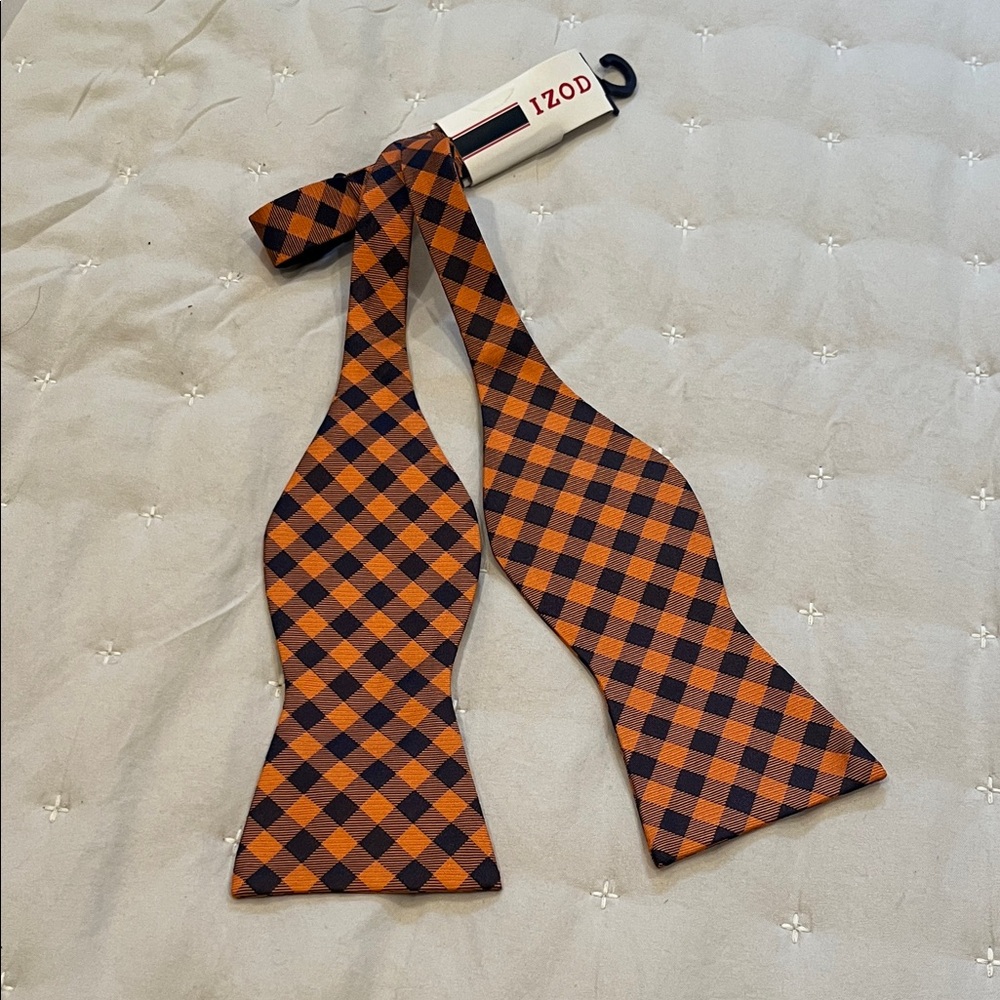 IZOD Orange and Navy Gingham Checkered Self Tie Bow Tie